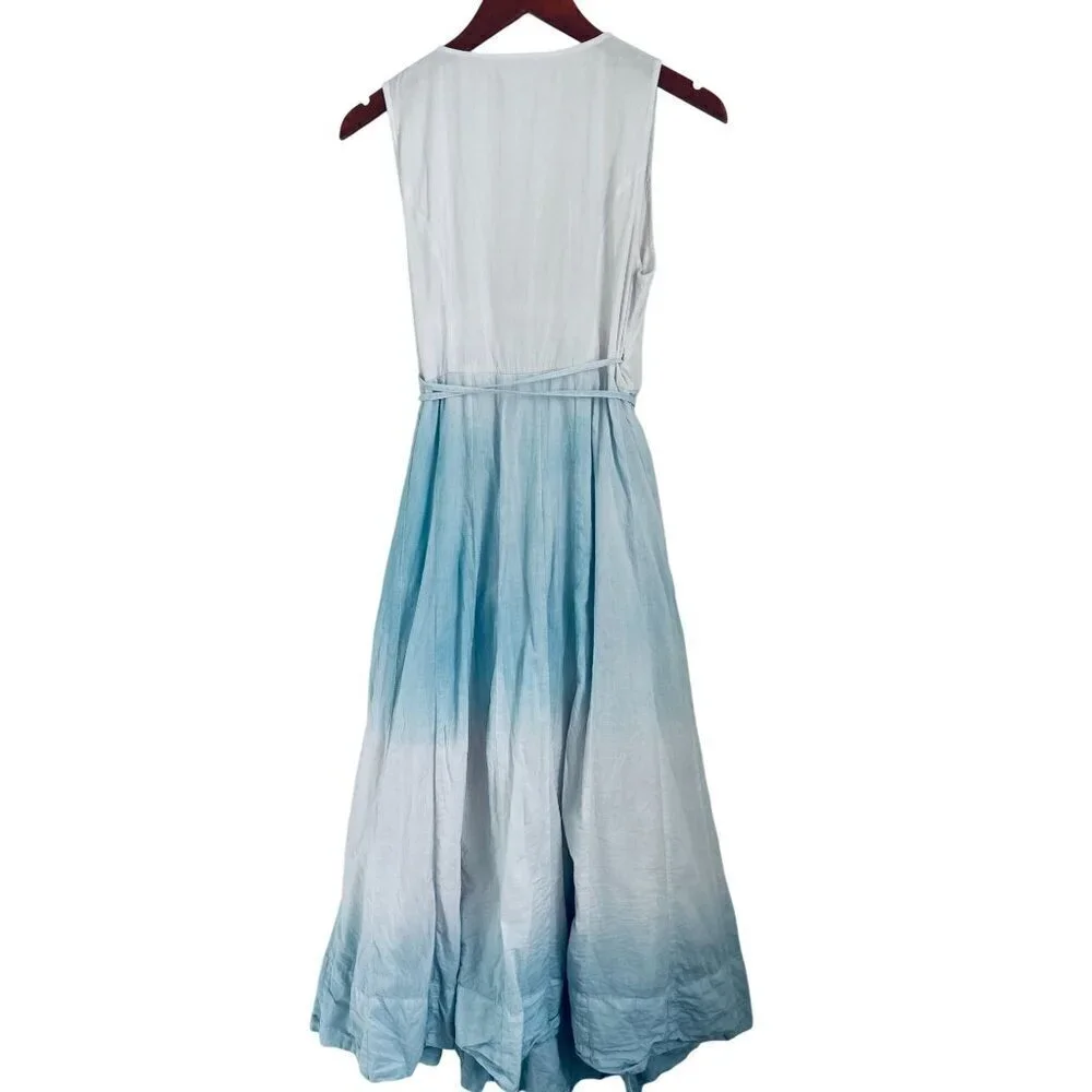 Beau & Ro Womens Ombre Blue & White Sleeveless Wrap Midi Dress Cotton Blend